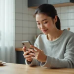 Femme tenant un smartphone Android et ouvrant sa boîte mail depuis sa cuisine