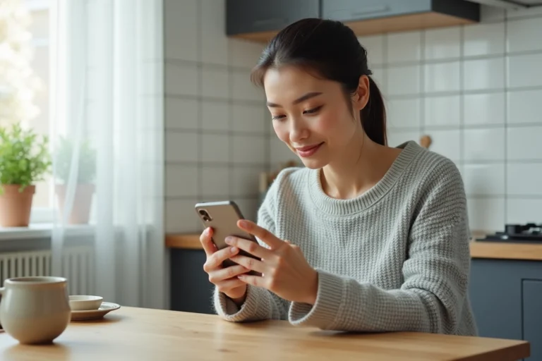 Femme tenant un smartphone Android et ouvrant sa boîte mail depuis sa cuisine