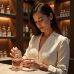Femme élégante examinant un flacon de parfum de luxe dans une parfumerie haut de gamme