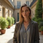 Femme méditerranéenne dans une cour parisienne ensoleillée