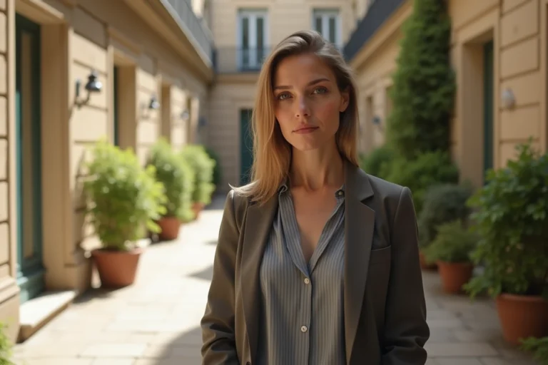 Femme méditerranéenne dans une cour parisienne ensoleillée