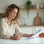 Femme consultant un plan nutritionnel Naturhouse sur une table de cuisine moderne avec légumes frais