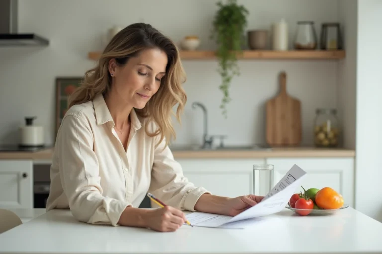 Femme consultant un plan nutritionnel Naturhouse sur une table de cuisine moderne avec légumes frais