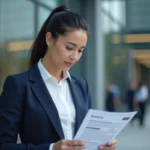 Femme professionnelle analysant la stratégie de la marque Adivak devant un immeuble de bureaux moderne