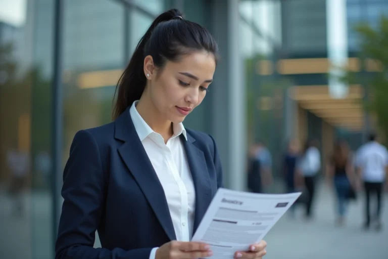 Femme professionnelle analysant la stratégie de la marque Adivak devant un immeuble de bureaux moderne