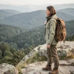 Femme randonneuse en veste olive observant une vallée boisée depuis un sommet rocheux lors d'une excursion en montagne