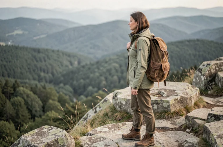 Femme randonneuse en veste olive observant une vallée boisée depuis un sommet rocheux lors d'une excursion en montagne