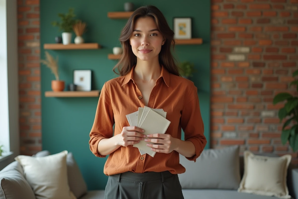 Femme tenant des échantillons de tissus devant un mur vert sauge dans un appartement en cours de rénovation tendance