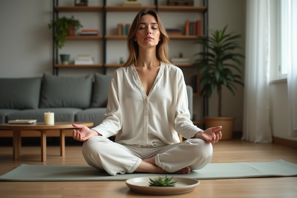 Femme en méditation sur un tapis de yoga dans un salon calme pour gérer le stress et éviter le stockage abdominal