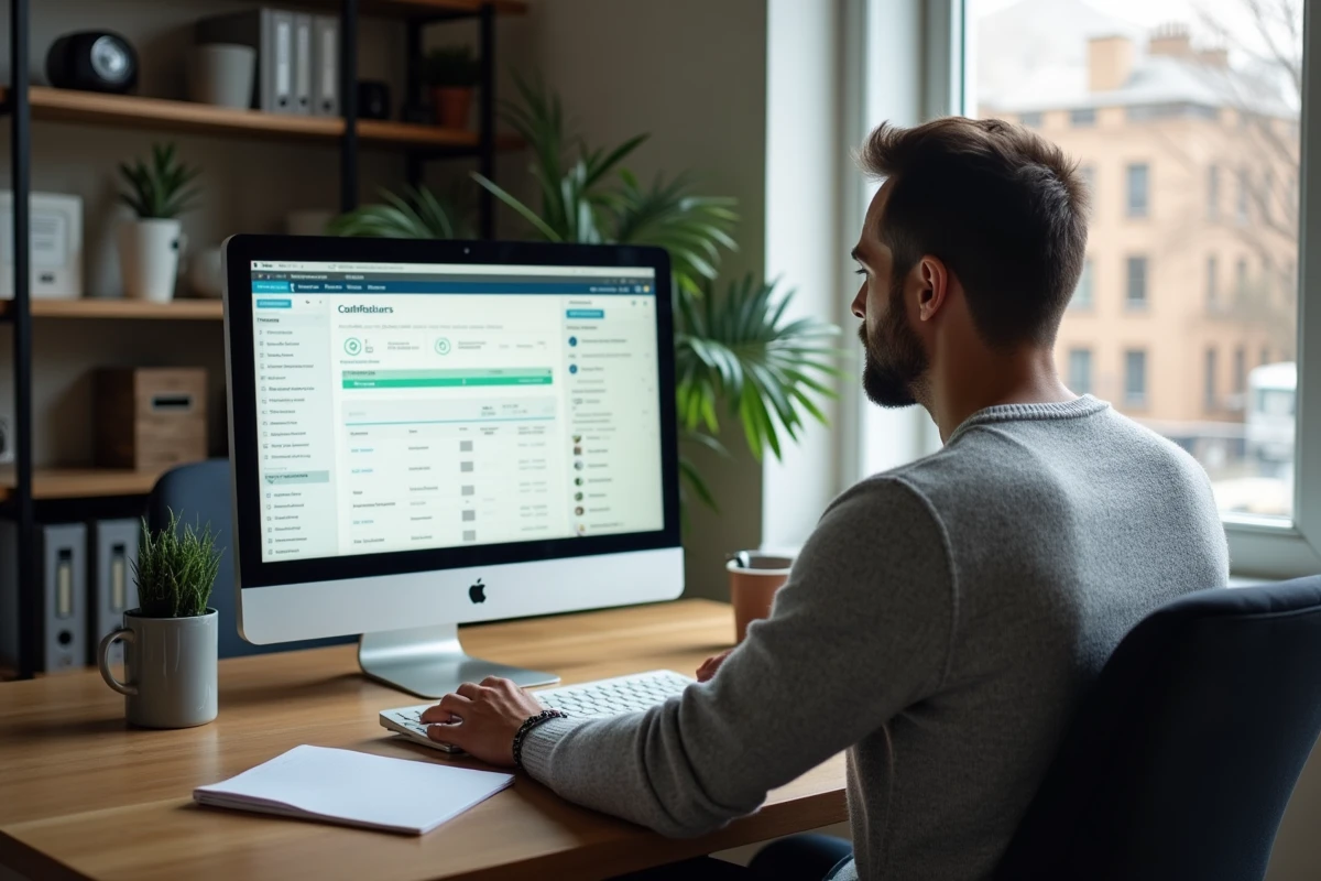 Homme gérant les paramètres de son compte Colonna Facility depuis un bureau à domicile avec tableau de bord affiché