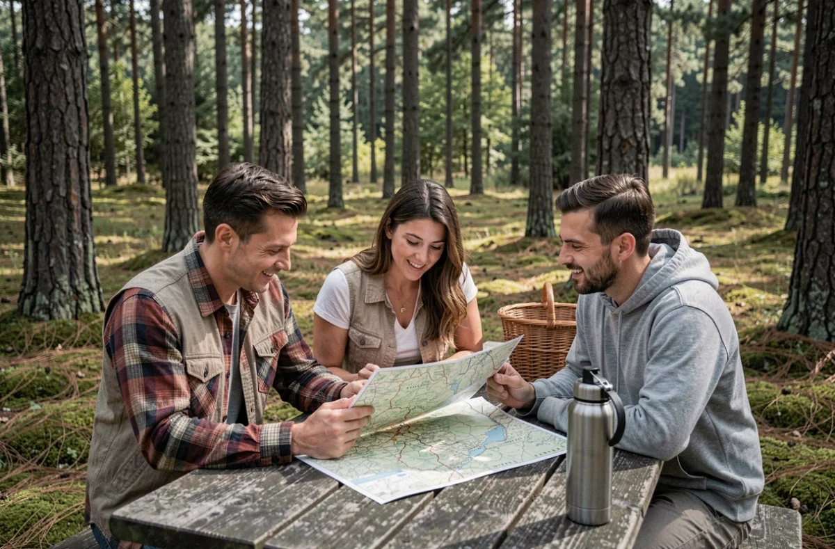 Groupe d'adultes consultant une carte de randonnée autour d'une table en bois dans une clairière forestière lors d'une excursion