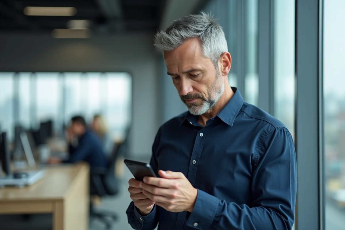 Homme d'affaires configurant sa boîte mail sur iPhone dans un bureau moderne