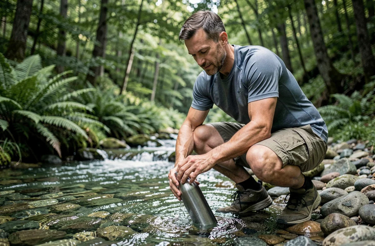 Homme remplissant sa gourde métallique dans un ruisseau de montagne lors d'une excursion en pleine nature