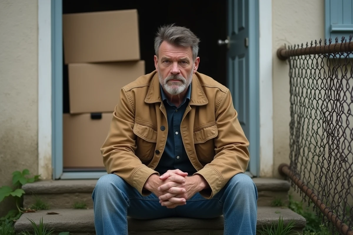 Homme ouvrier assis devant une maison de banlieue française avec des cartons de déménagement, illustrant le divorce dans les catégories socioprofessionnelles ouvrières