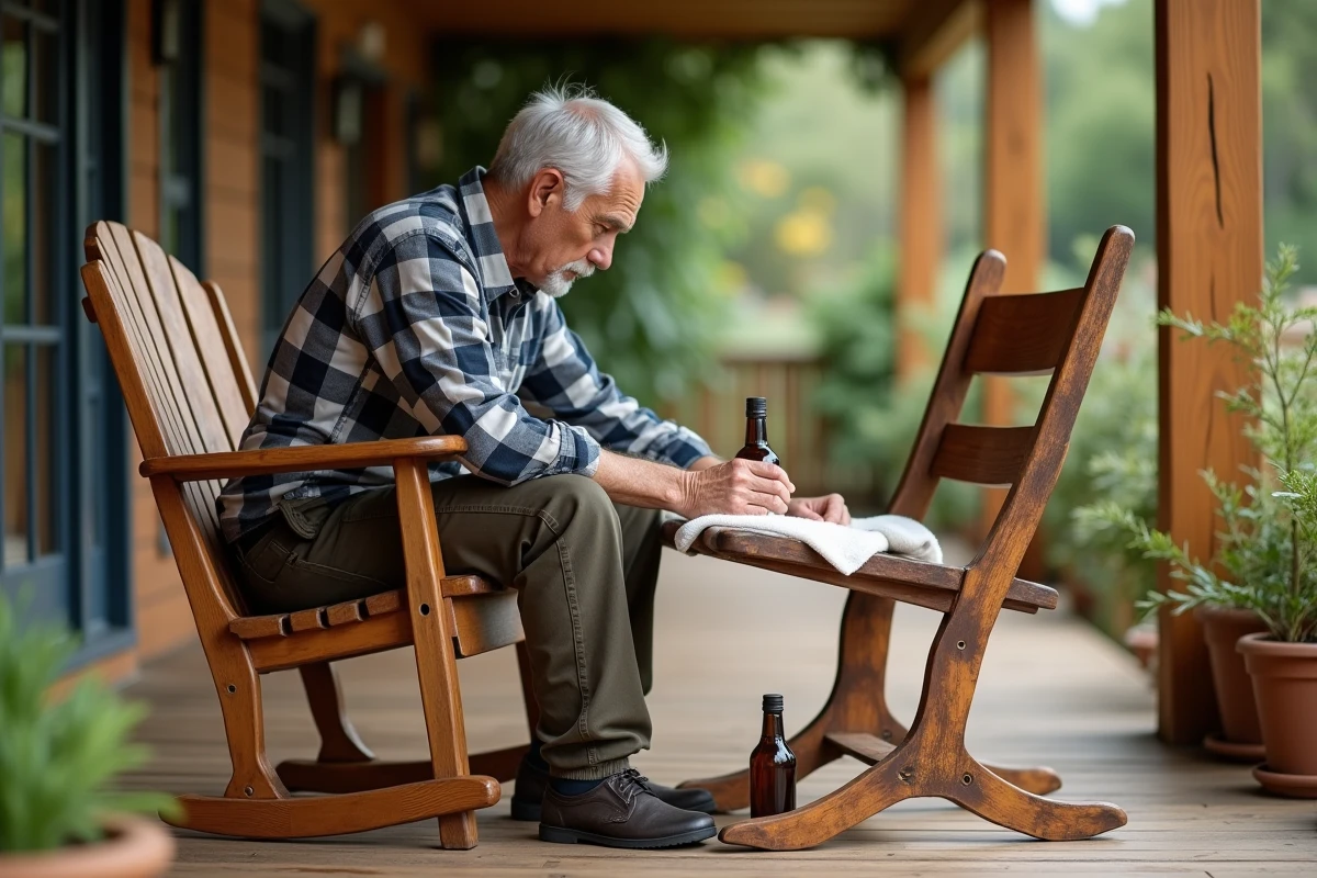 Homme âgé polissant une chaise en bois sur la veranda