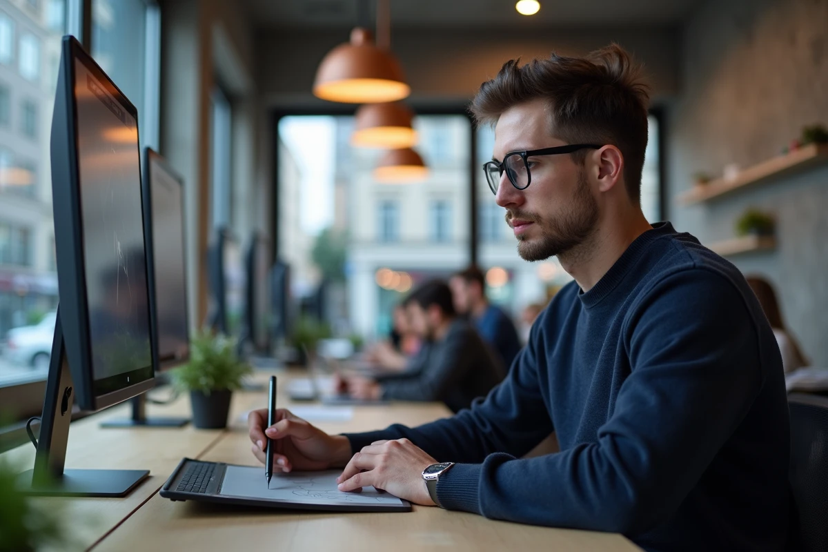 Homme consultant des stratégies de contenu pour un blog dans un espace de coworking moderne