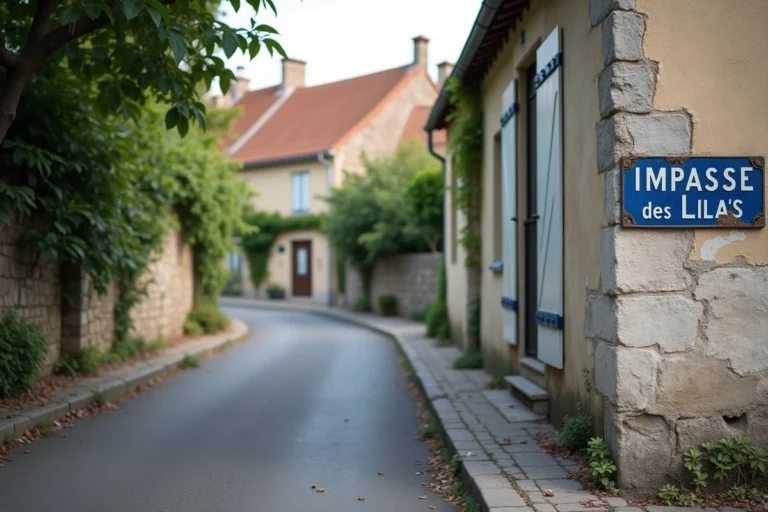 Panneau de rue de l'impasse des Lilas dans le village d'Aix Villemaur Palis, mur en pierre calcaire et végétation
