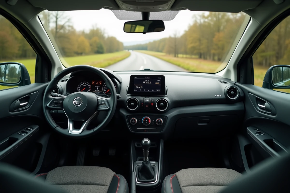 Interior de um carro econômico de 90 cv com painel e volante, vista de cockpit realista