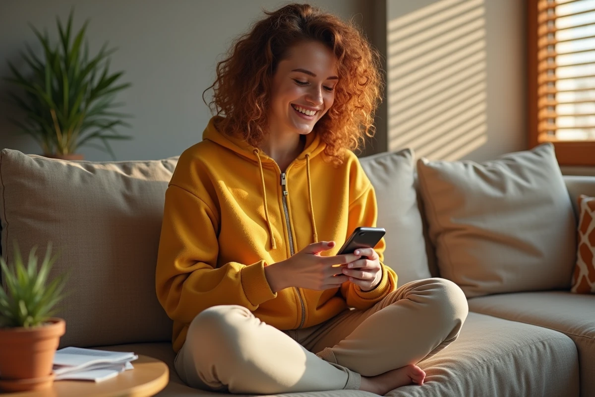 Jeune femme souriante consultant sa boîte mail sur smartphone dans son salon