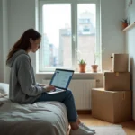 Jeune femme assise sur un lit dans un appartement modeste