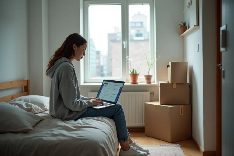 Jeune femme assise sur un lit dans un appartement modeste