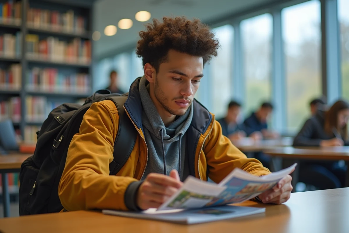 Jeune homme lisant des brochures dans une bibliothèque