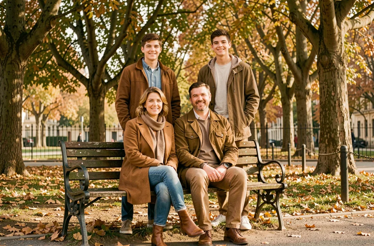 Portrait de famille de Julia Vignali avec ses enfants et son compagnon dans un parc parisien en automne