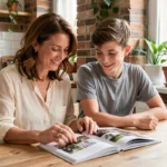 Julia Vignali et son fils en train de regarder un album photo dans une cuisine moderne parisienne