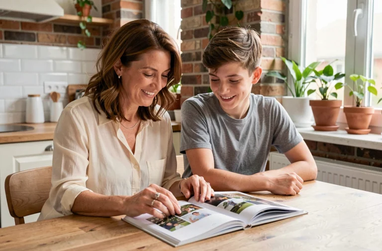 Julia Vignali et son fils en train de regarder un album photo dans une cuisine moderne parisienne