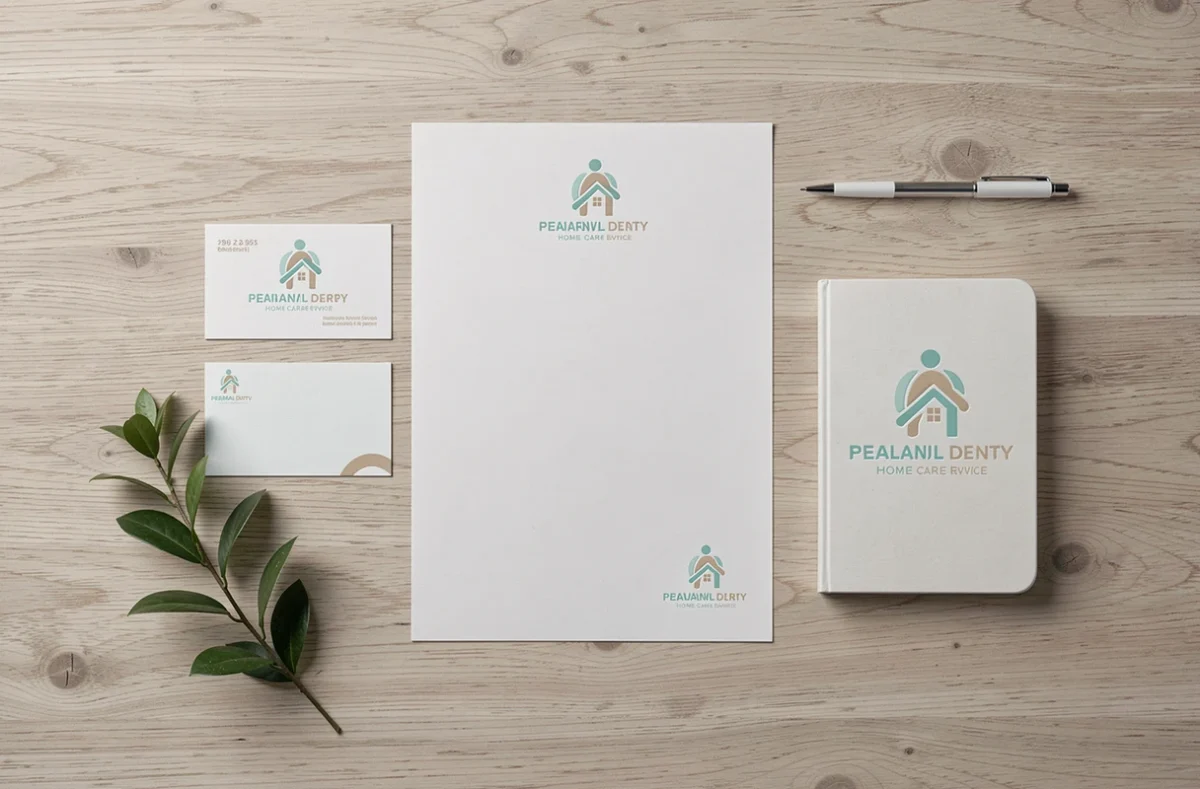 Kit d'identité visuelle pour un service à la personne avec logo, carte de visite et papeterie professionnelle disposés en flat lay sur une table en bois
