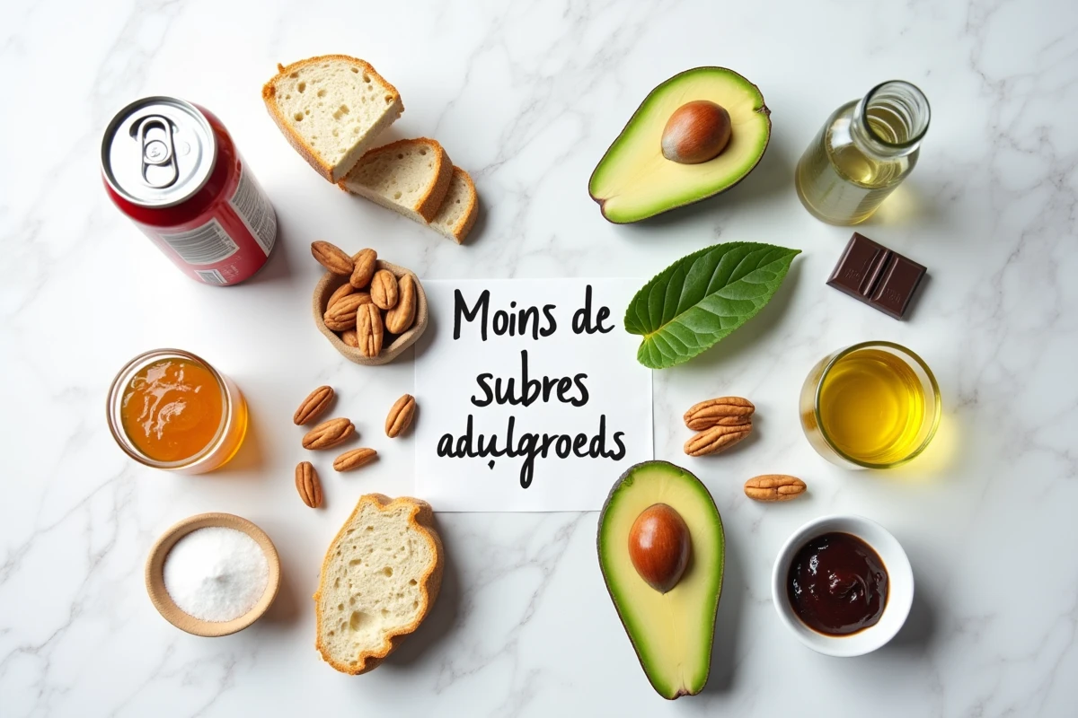 Comparaison entre sucres ajoutés et bonnes graisses naturelles pour illustrer la réduction du sucre dans l'alimentation