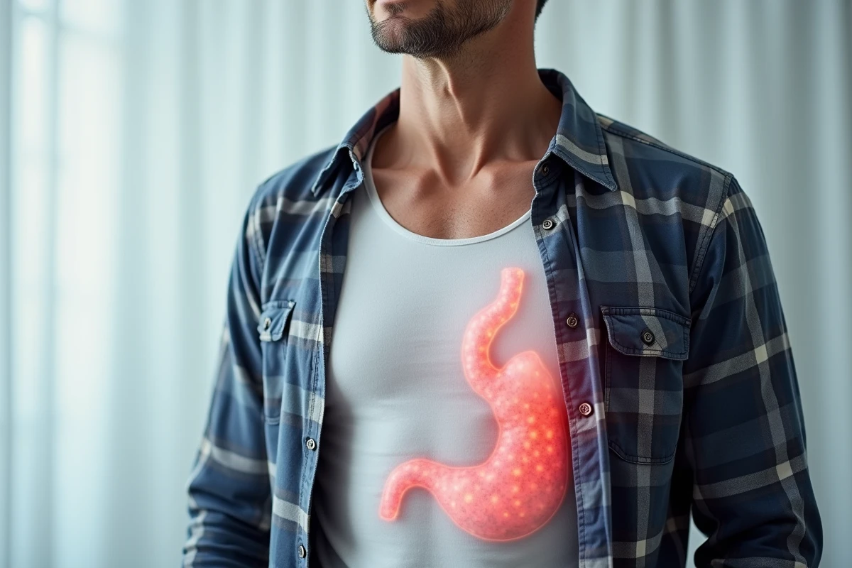 Gros plan sur le torse d'un homme montrant la zone sous les côtes côté gauche pour illustrer la localisation de la douleur cardiaque ou gastrique