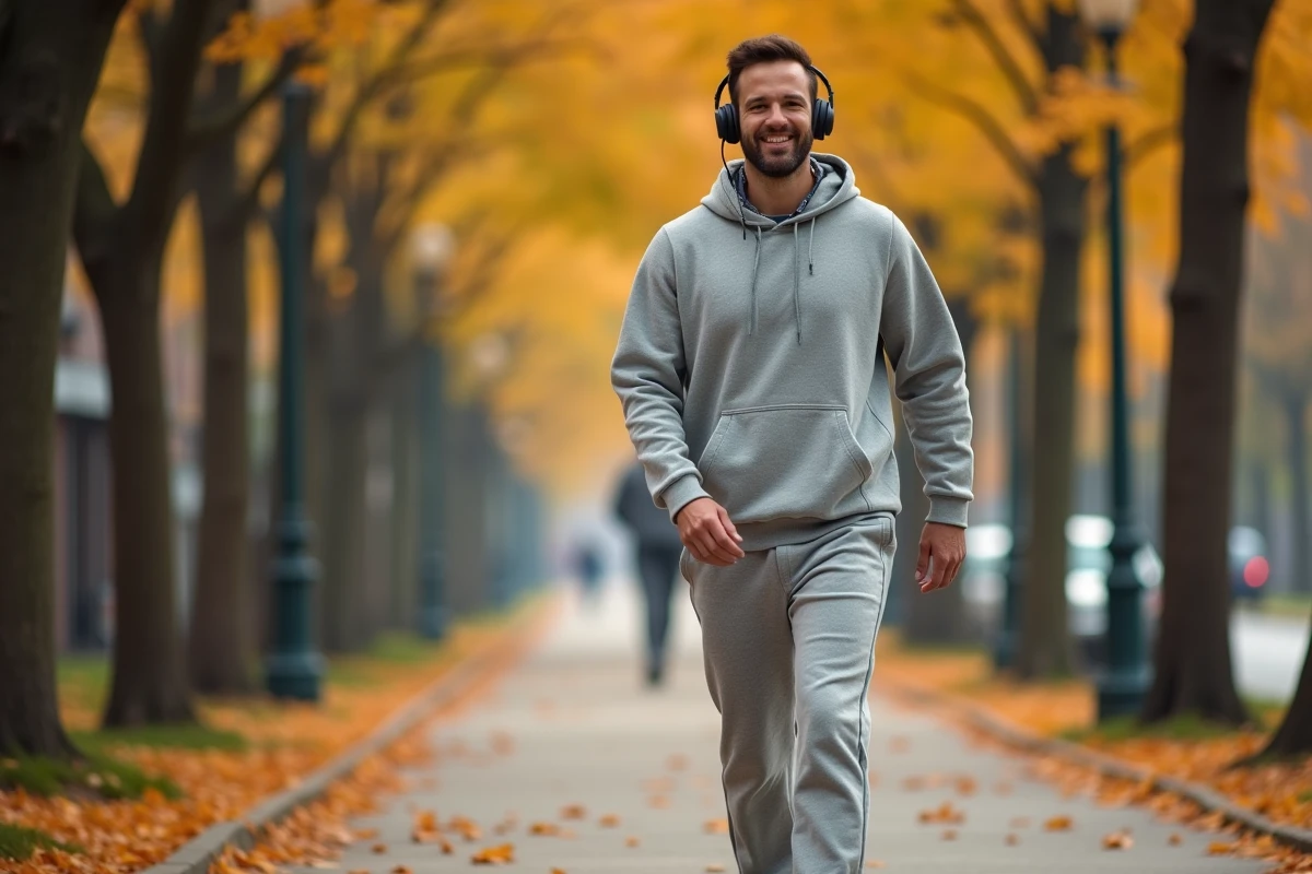 Homme marchant d'un pas régulier sur un trottoir bordé d'arbres en automne pour ses trente minutes de marche quotidienne