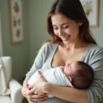 Jeune mère tenant son nouveau-né contre sa poitrine dans une chambre de bébé lumineuse et apaisante