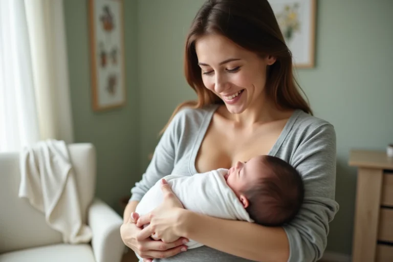 Jeune mère tenant son nouveau-né contre sa poitrine dans une chambre de bébé lumineuse et apaisante