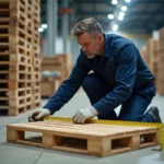 Ouvrier logistique mesurant les dimensions d'une palette européenne en bois dans un entrepôt industriel