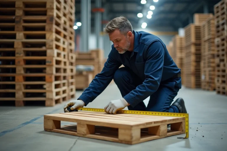 Ouvrier logistique mesurant les dimensions d'une palette européenne en bois dans un entrepôt industriel