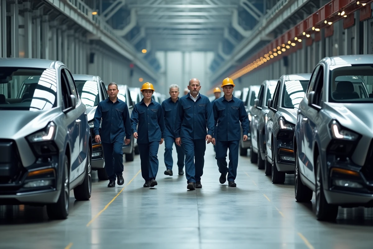 Travailleurs en usine assemblant des voitures électriques