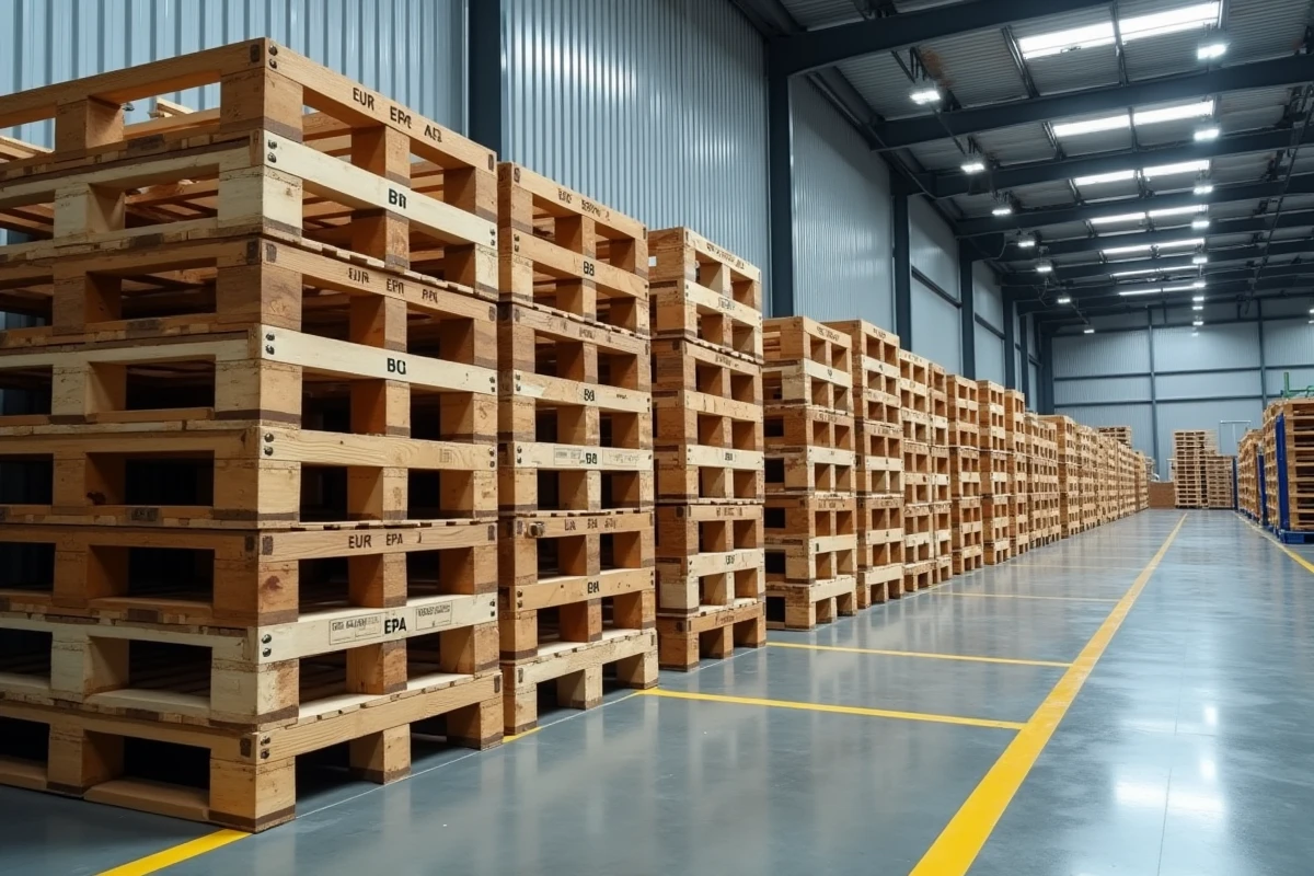Rangées de palettes européennes empilées dans un centre de distribution logistique moderne