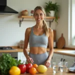 Femme souriante dans une cuisine moderne entourée d'aliments sains, symbolisant une approche naturelle de la perte de poids