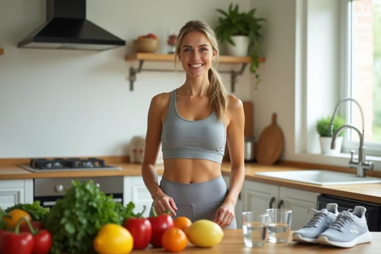 Femme souriante dans une cuisine moderne entourée d'aliments sains, symbolisant une approche naturelle de la perte de poids
