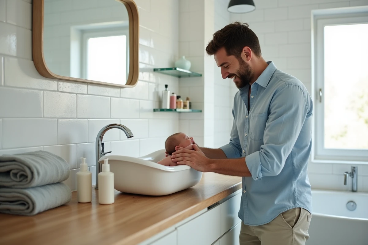 Père donnant le bain à son nouveau-né avec soin dans une salle de bain familiale moderne