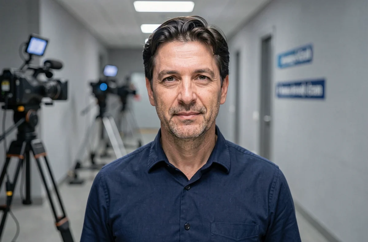 Portrait du père des enfants de Julia Vignali dans un couloir de studio de télévision français