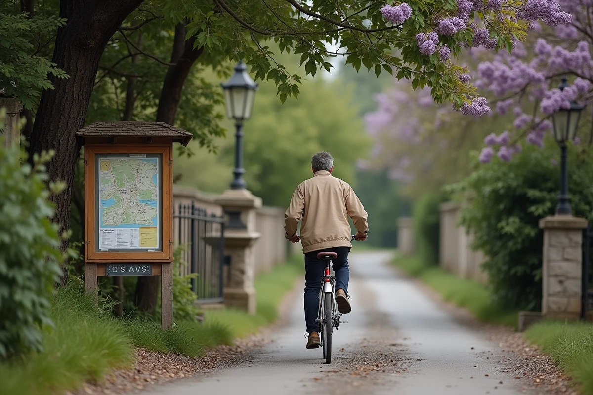 Piéton avec vélo consultant un plan de quartier à l'entrée d'une impasse fleurie dans un village français