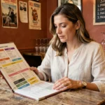 Femme consultant le plan d'un site de restaurant français dans un bistro parisien chaleureux