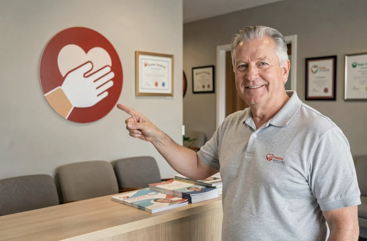 Propriétaire d'une agence de service à la personne devant le logo de son entreprise affiché sur le mur de la réception, exprimant fierté et professionnalisme