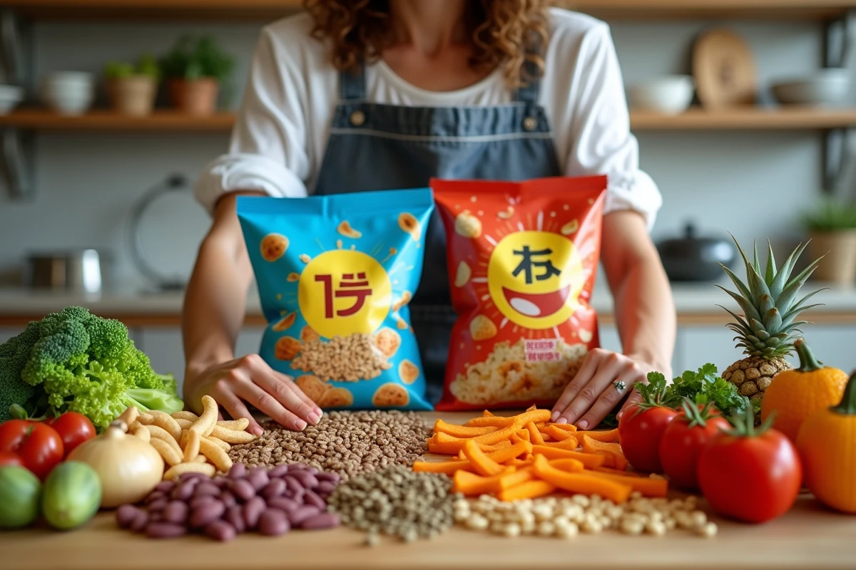 Comparaison entre aliments ultra-transformés emballés et produits bruts naturels sur une table en bois