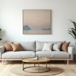 Salon scandinave moderne avec mobilier minimaliste, parquet en chêne clair et décoration tendance aux tons neutres