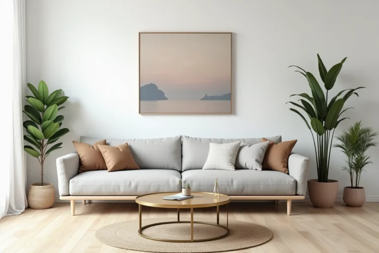 Salon scandinave moderne avec mobilier minimaliste, parquet en chêne clair et décoration tendance aux tons neutres