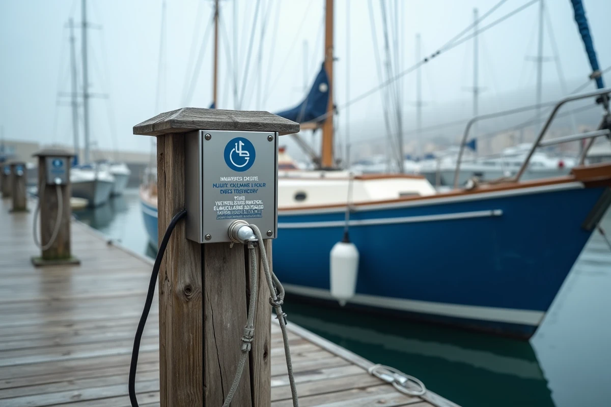 Station de pompage des eaux noires sur un ponton de port de plaisance avec voilier amarré